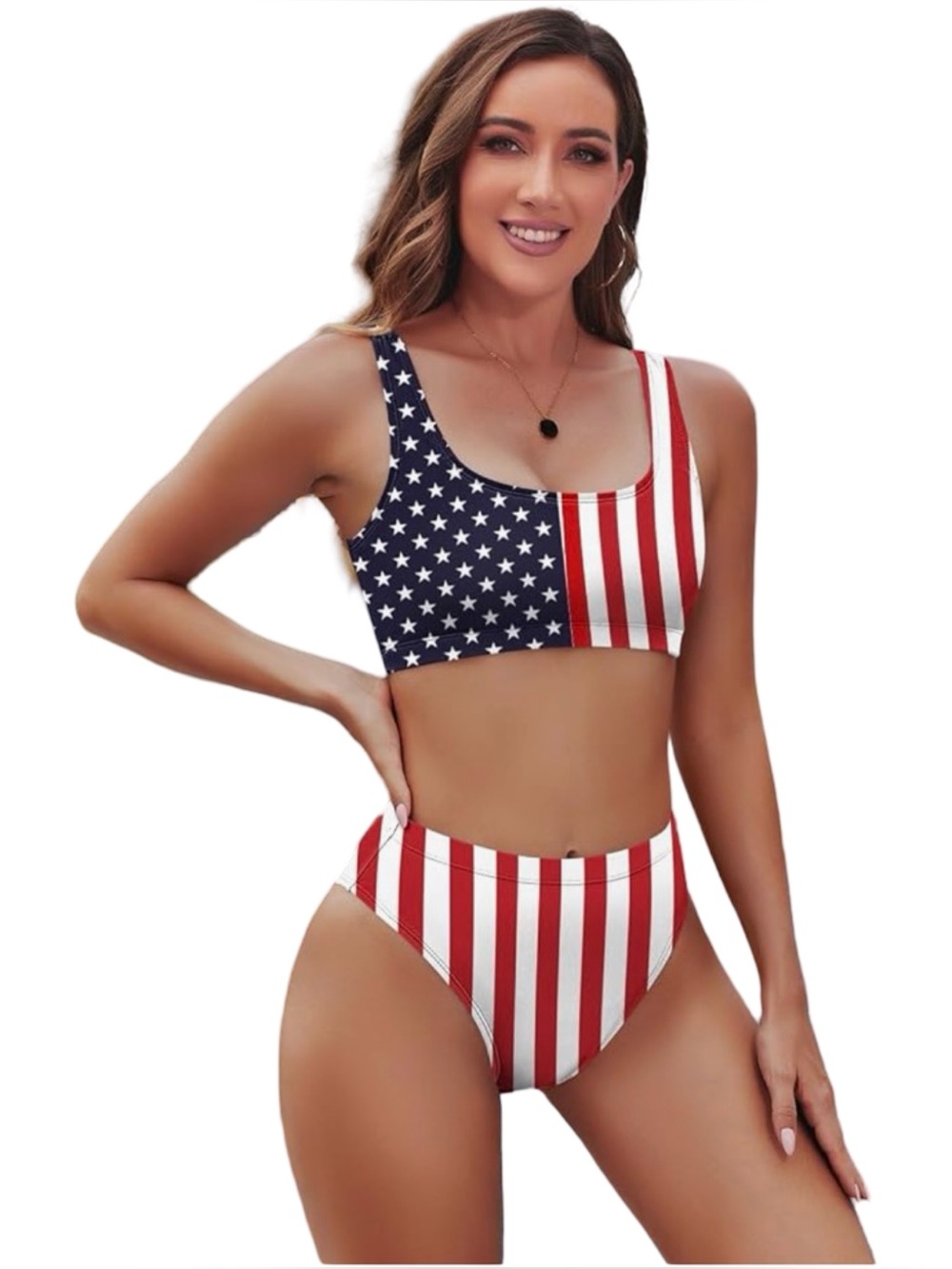 Pink Queen Womens Crop High Waisted Cheeky USA American Flag 2Pc Bikini Set L - Picture 3 of 7